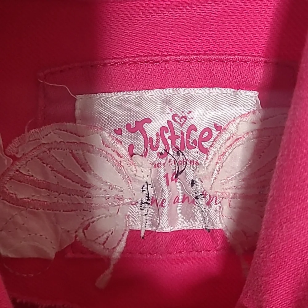 Justice Girls 14 hot pink denim jean jacket sparkly fun embroidered Love